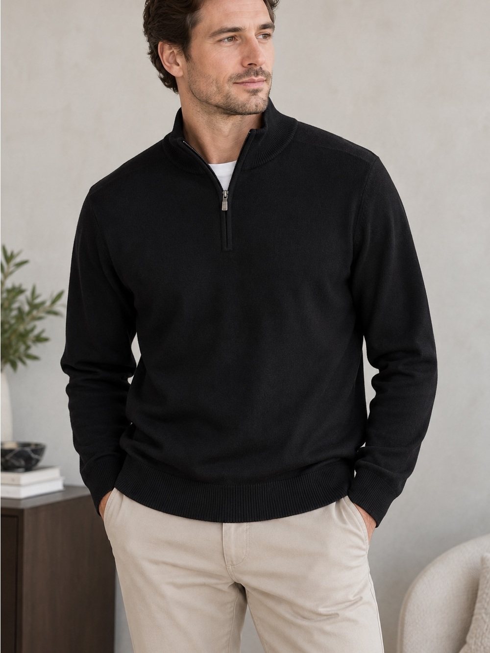 Nordstrom Italian Merino Wool Black Quarter Zip Sweater Size 2XL Preppy